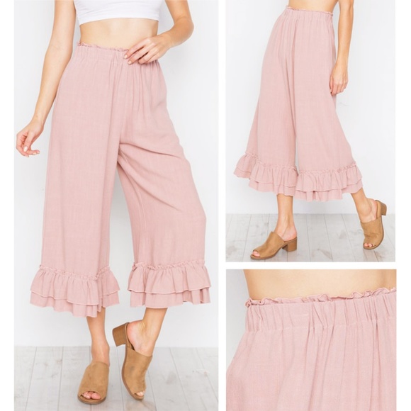 Last☝️Linen/Cotton Ruffle High Waist Culotte Pants - Picture 6 of 8